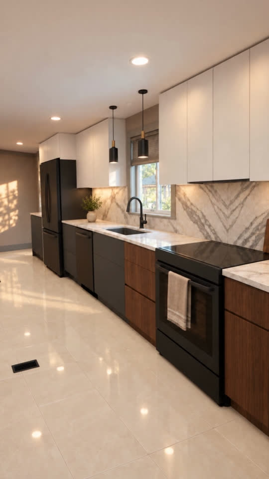 AI concept of a kitchen with dark lower cabinets, pale upper cabinets, and clear counters